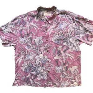 Tommy Bahama Shirt Mens 2XL red Floral Hibiscus Silk Button Up Short Sleeve